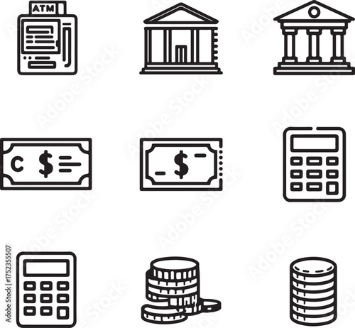 Collection of Financial and Banking Icons Including ATM Machine Bank Building Money Bills and Calculators