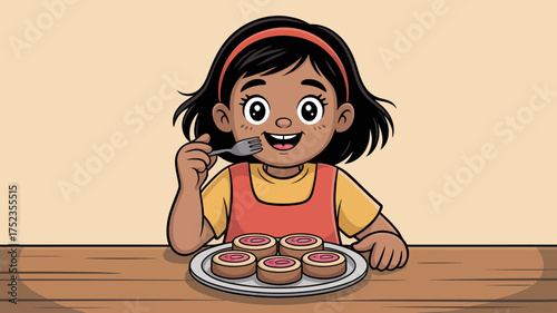 Joyful child happily eating small pastries from a plate with a fork