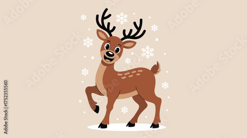 Joyful cartoon reindeer prancing in falling snow