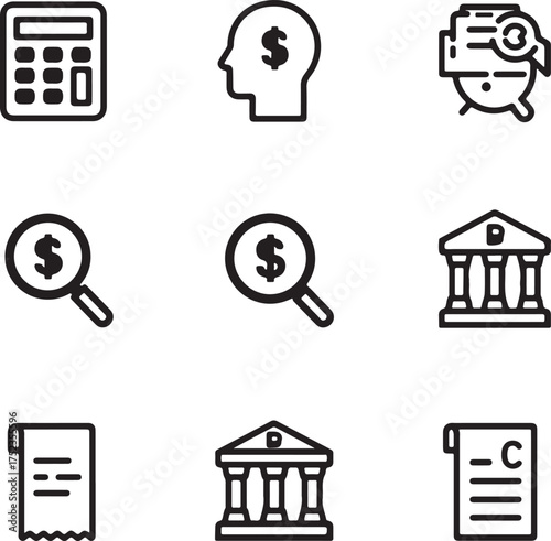 Nine black and white icons related to finance and business including calculator money search and bank