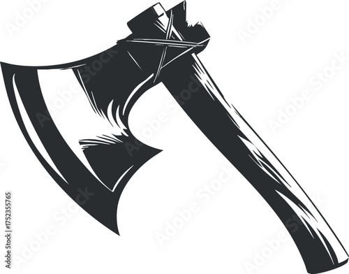 Black and white illustration of a traditional axe with a wooden handle and sharp blade.