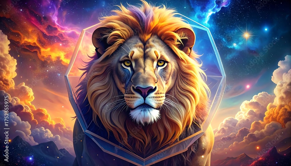Fototapeta premium A majestic lion peers forward from within a geometrical shape, surrounded by vibrant nebulae, starlight, and celestial colors