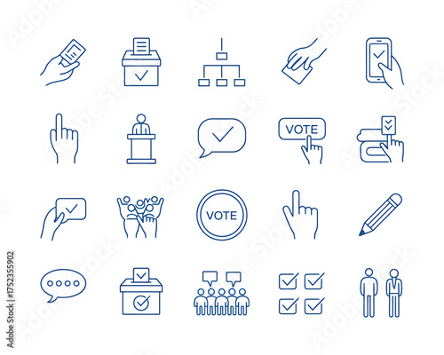 Collection of blue line art election icons symbolizing democracy and civic participation in a transparent presentation