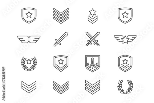 Set of Military Rank Insignia in Outline Style for Army Navy and Air Force Vector Illustration