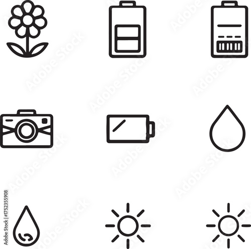 Nine simple outline icons featuring nature, technology, and energy elements collection flower