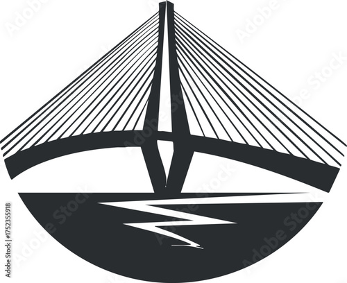 Abstract black and white silhouette of a suspension bridge with geometric design elements.