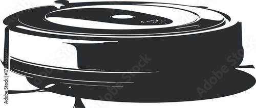 Black and white illustration of a robotic vacuum cleaner, showcasing modern home cleaning technology.