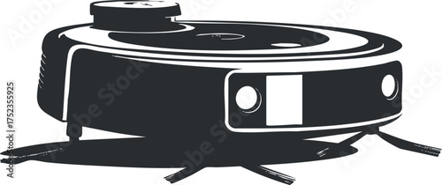 Black and white illustration of a robotic vacuum cleaner used for automated home cleaning.