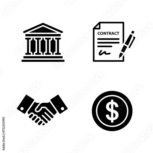 Financial Deal Contract Agreement Courthouse and Money Dollar Sign Icons Illustration Business Concept