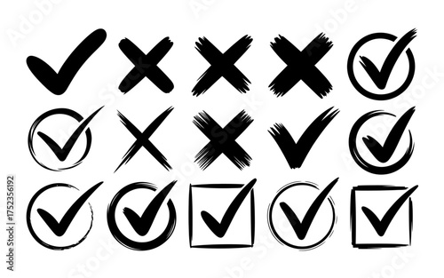 Hand Drawn Check Marks and Cross Marks for Validation and Task Completion in Black and White
