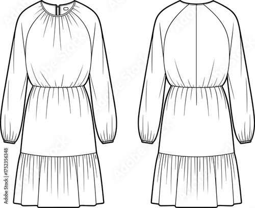 Fashion dress technical sketch, flat vector template, long sleeve dress, elastic waist, tiered skirt, CAD drawing, garment design
