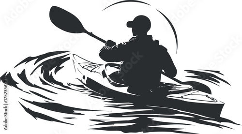 Silhouette of a person kayaking with a paddle on dynamic water waves, black and white illustration.