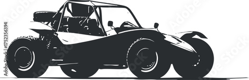 Silhouette of a dune buggy designed for off-road adventures in black and white.