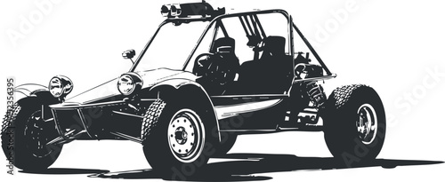 Black and white illustration of a dune buggy designed for offroad adventures and exploration.