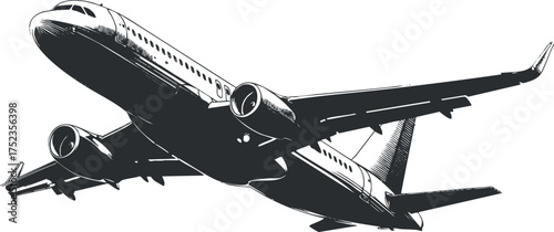Black and white illustration of a commercial airplane flying in the sky.