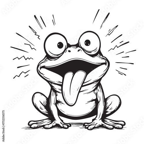 Excited Cartoon Frog Vector — Black and White Illustration of Funny Amphibian with Bulging Eyes, Tongue Out, and Expressive Style