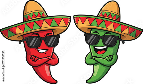 Funny cartoon chili peppers with sombrero hats, red and green characters, cool sunglasses, Mexican food mascot, spicy vegetable vector, fiesta theme, cultural illustration, fun art
