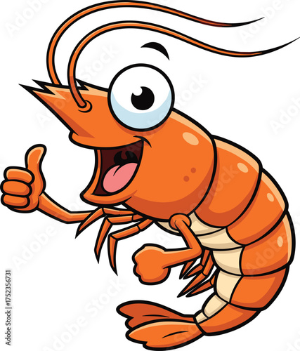 Funny cartoon shrimp character smiling, giving thumbs up, seafood mascot illustration, vector marine animal, happy ocean creature, prawn cartoon drawing, seafood clipart, aquatic comic art