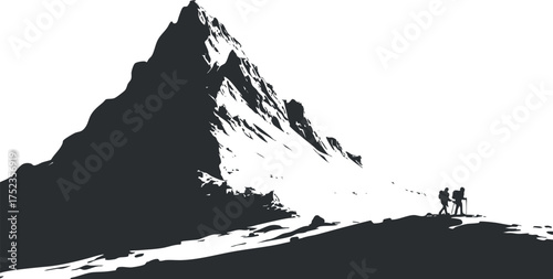 Silhouette of hikers ascending a mountain peak, symbolizing adventure and exploration in nature.