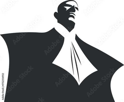 Monochrome silhouette of a lawyer in formal attire, symbolizing justice and authority.