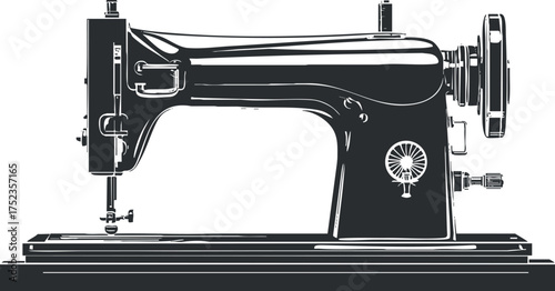 Black and white illustration of a vintage sewing machine, highlighting its classic design.