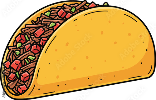 Mexican taco cartoon illustration, delicious beef taco with vegetables, hand-drawn style, colorful crispy shell, tasty fast food snack, spicy lunch menu clipart
