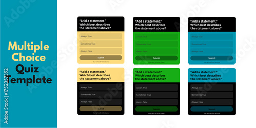 3 Options Multiple Choice Quiz Element Template. Multiple choice quiz template interactive survey test design, colorful UI interface for education learning assessment, online exam poll.