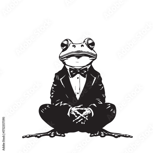 Formal Frog Vector — Black and White Cartoon Illustration of Anthropomorphic Amphibian in Tuxedo Sitting Cross-Legged with Hands Clasped