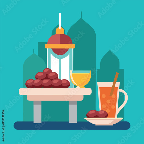 Traditional islamic iftar meal with dates and lanterns symbolizing ramadan and eid celebrations