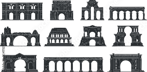 Illustration of various historic arch structures in silhouette, showcasing classical architectural design.