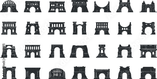 Collection of various iconic arches and monuments in a minimalist black and white design.