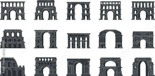 Vector illustration of various iconic historical arches in black and white silhouette.