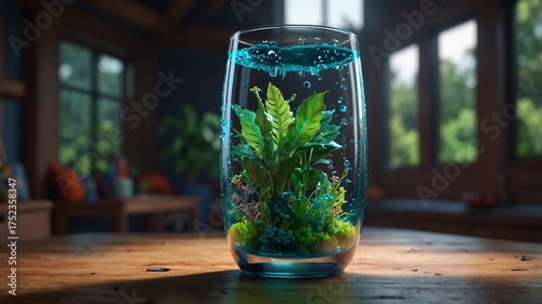 Life cup with water and living plants in hydroponic setup captured in vibrant surroundings showcasing natural growth, sustainability, and organic harmony in a modern environment