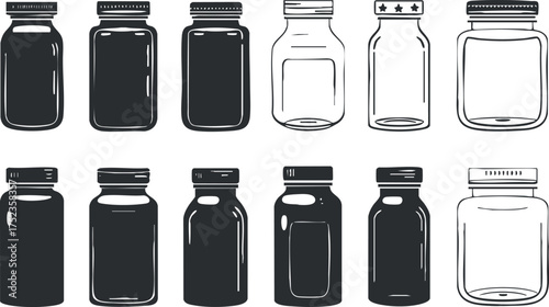 Collection of black and white jar outlines and silhouettes isolated on a white background.