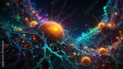Simulation of nano cells and neurons in symbiosis captured in a futuristic setting showcasing microscopic interaction, biological intelligence, and advanced scientific visualization