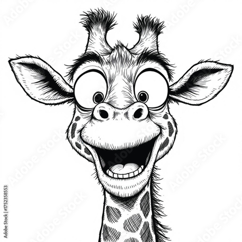 Funny Cartoon Giraffe Vector — Black and White Illustration of Smiling Animal with Big Eyes, Teeth, and Playful Expression