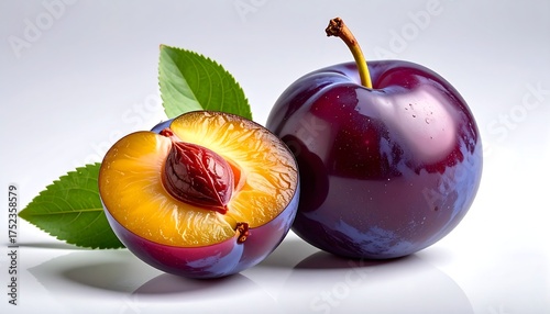 Fresh plums, halved and whole