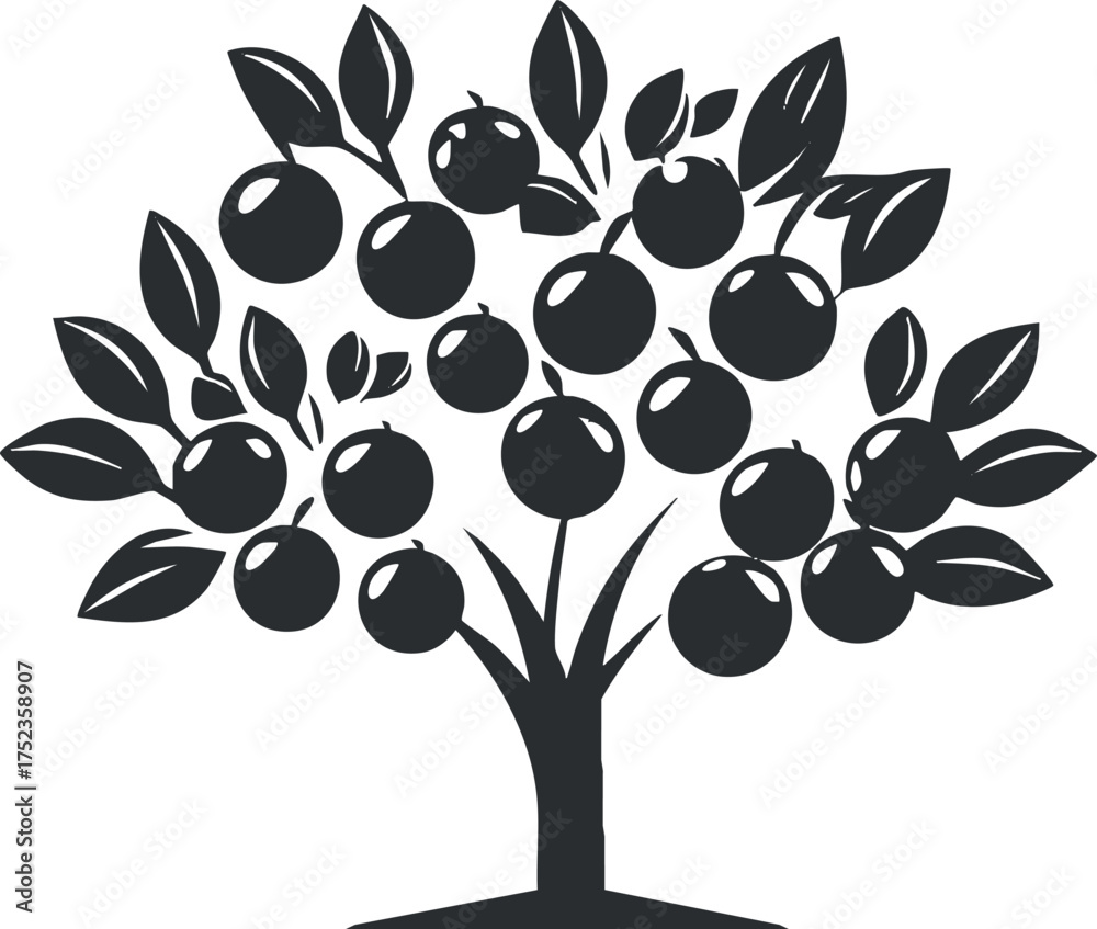 Obraz premium Silhouette of an apple tree with fruit and leaves, in black and white illustration.