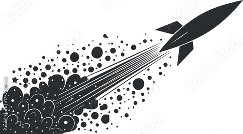 Black and white vector illustration of a rocket launching with a dynamic smoke trail.