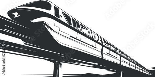 Black and white vector illustration of a modern monorail train on an elevated track.