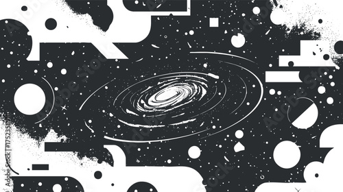 Abstract black and white illustration of a galaxy with swirling patterns and random shapes.