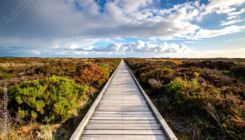 Wallpaper Mural A long wooden walkway stretches into the distance, leading through a vibrant, bushy landscape under a dramatic, cloudy sky. The light plays on the vegetation Torontodigital.ca