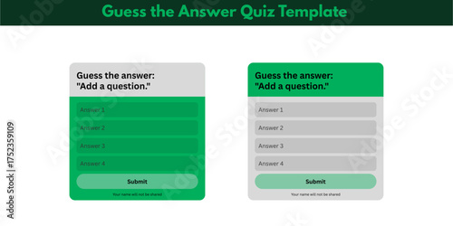 Guess the answer quiz template interactive trivia game question test, multiple choice guessing challenge with four options, green emerald gray UI design card component, fun educational entertainment  