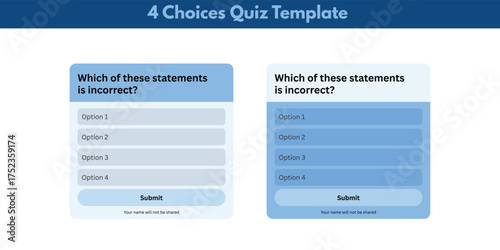 Four choices quiz template which statement is incorrect question, multiple choice answer test with four options, blue light UI design card component, interactive education assessment form widget 