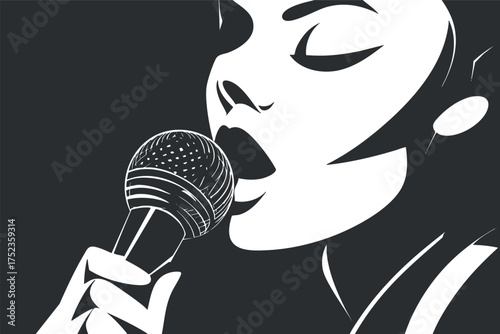 Stylized black and white illustration of a singer with a microphone, highlighting expressive features.