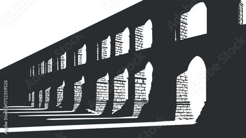 Silhouette of an ancient aqueduct with arches in black and white, highlighting shadows and contrast.