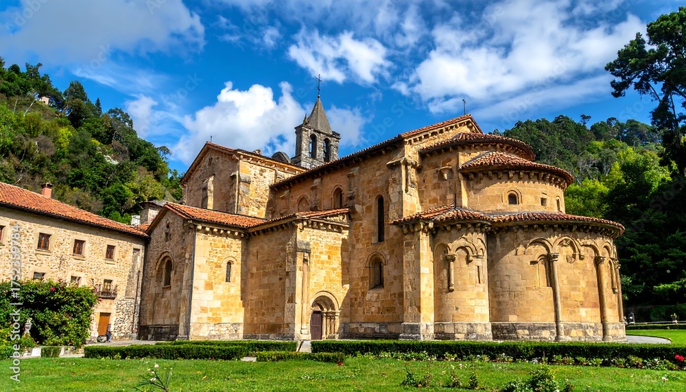 Fototapeta premium A panoramic view of a Romanesque stone church nestled amongst lush greenery, under a vibrant blue sky with puffy white clouds