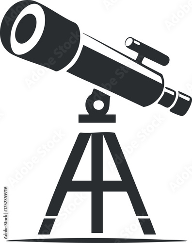 Black and white silhouette of a telescope on a tripod for stargazing and space observation.