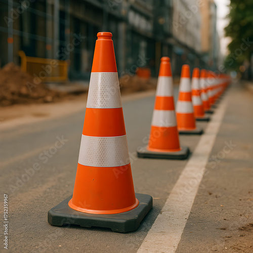 Reflective traffic cones lined up along a construction zone