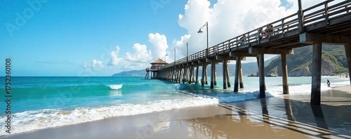 Vibrant Seaside Pier Extending into Ocean, Stunning Coastal Views, Tranquil Waters, Perfect for Travel Brochures and Websites